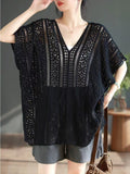 Women Summer Sumproof Hollow Out Solid Knitted Shirt