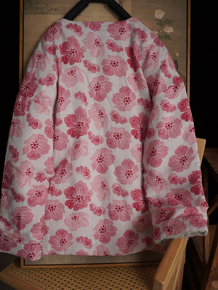 Women Winter Retro Flower Ramie Padded Coat