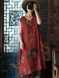 Women Summer Vintage Flower Drawstring Vest Cotton Dress