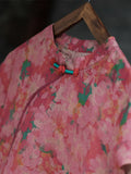 Women Vintage Floral lButton Drawstring Thin Linen Robe Dress