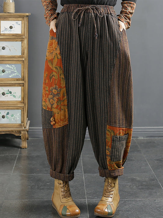 Pantalon sarouel rembourré épissé à rayures rétro pour femmes