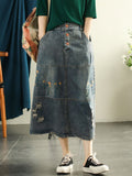 Women Retro Flower Embroidery Spliced Worn Skirt