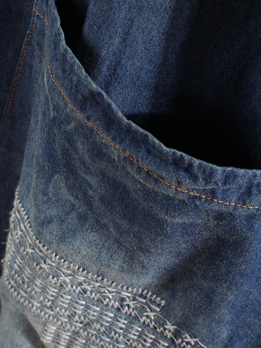 Robe en jean rétro délavée avec poches solides et broderie pour femmes