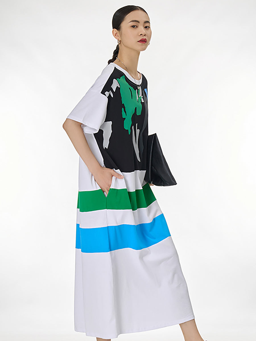 Women Summer Casual Stripe Print  Loose Dress