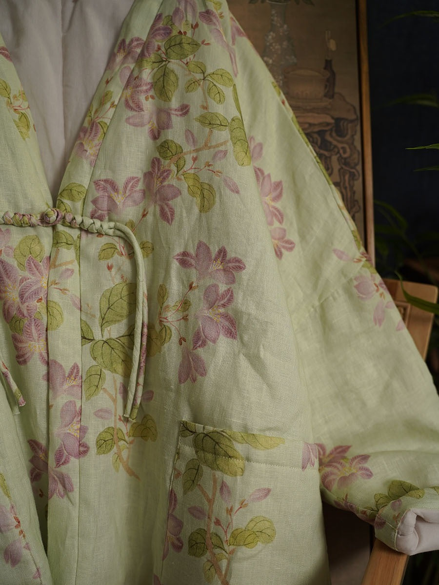 Women Ethnic Floral Print Winter Ramie Padded Coat