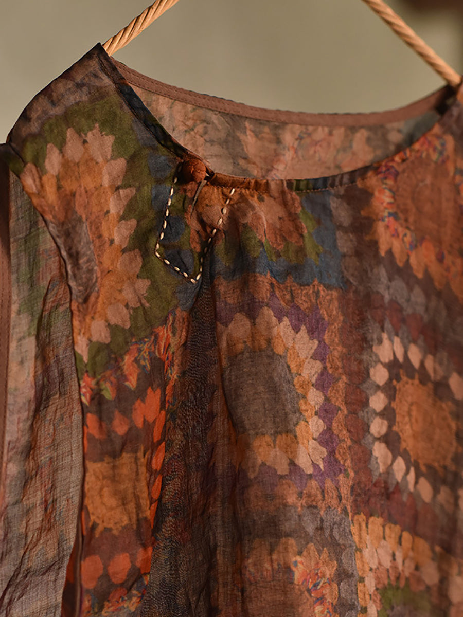 Women Vintage Flower Print Pocket Stitching Thin Ramie Vest