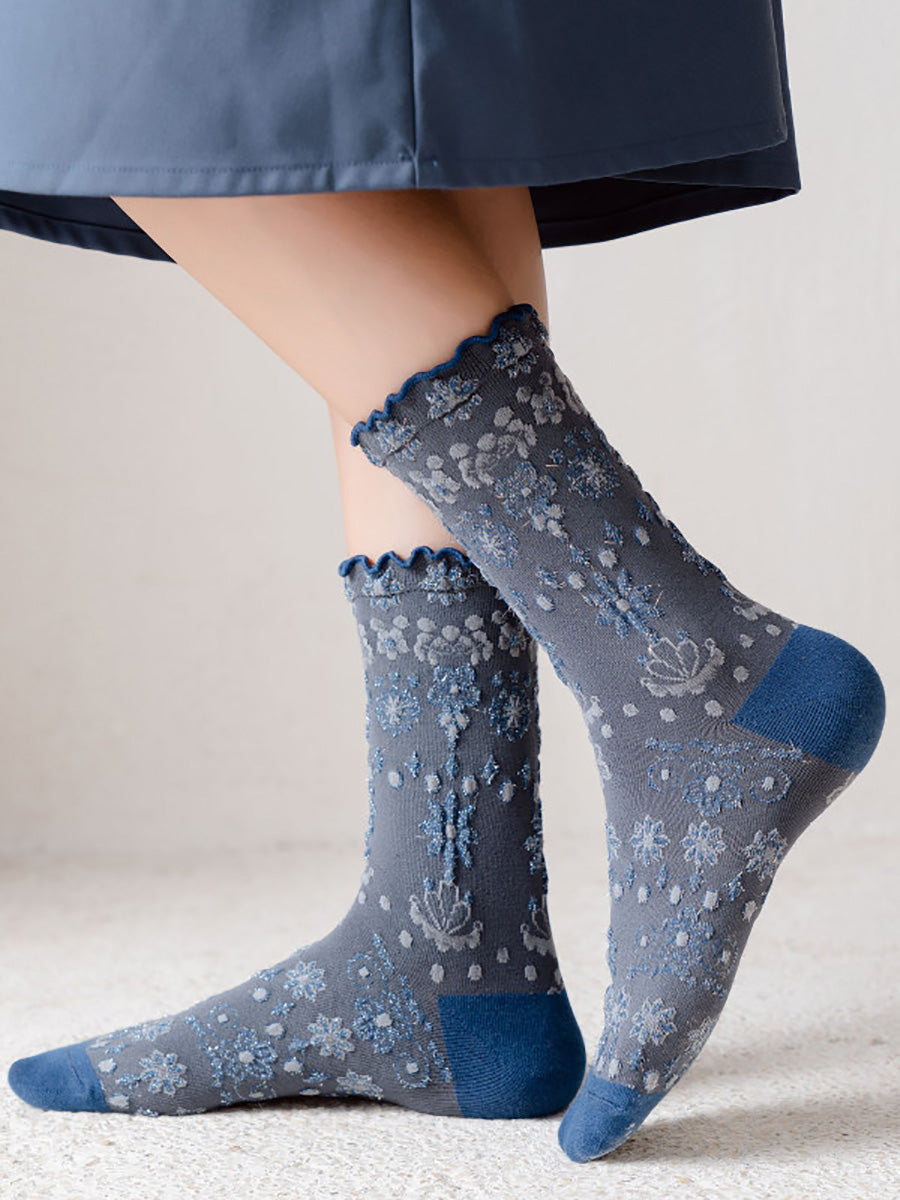 5  Pairs Women Vintage Flower Jacquard Socks