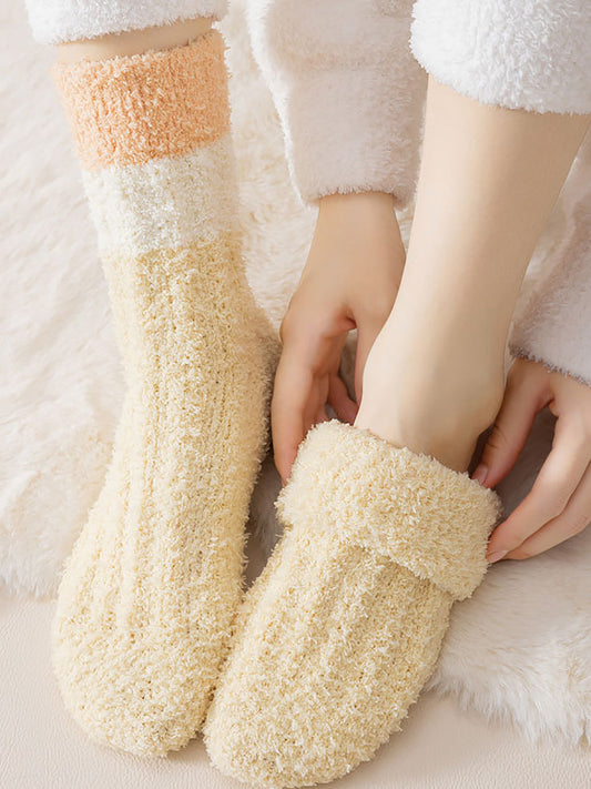 6 paires de chaussettes d'hiver en polaire corail color block pour femmes