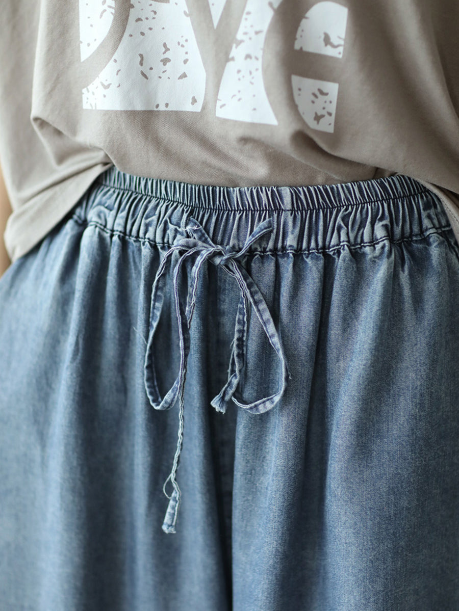 Women Casual Solid Washed Drawstring Wide-leg Denim Pants