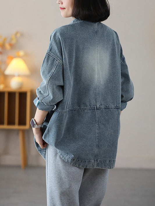 Women Vintage Spring Washed Denim Spliced Coat