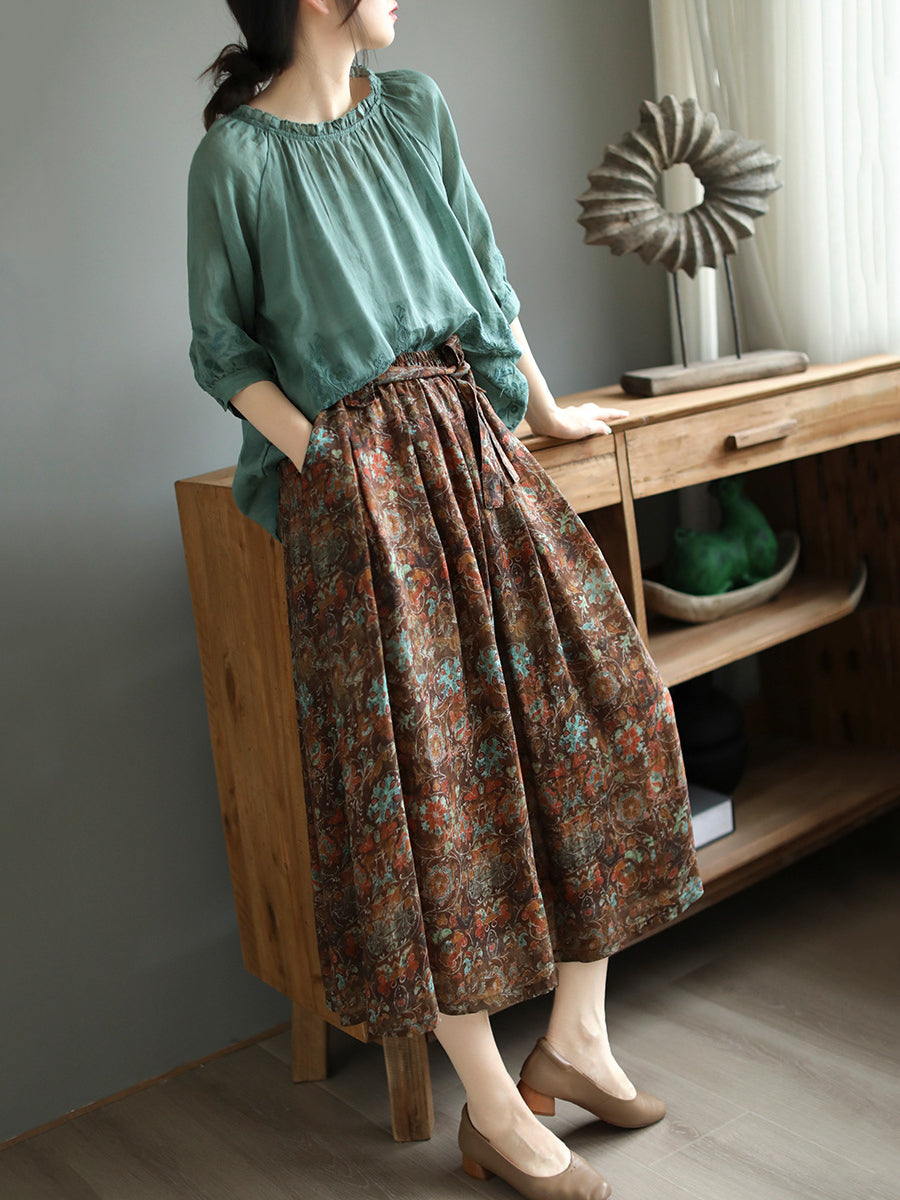 Women Vintage Floral Drawstring Pocket Loose Ramie Skirt