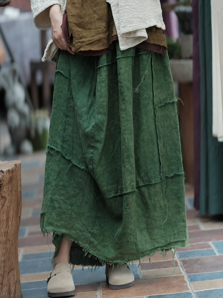 Women Summer Retro Worn Spliced Solid Raw-edge Linen Skirt