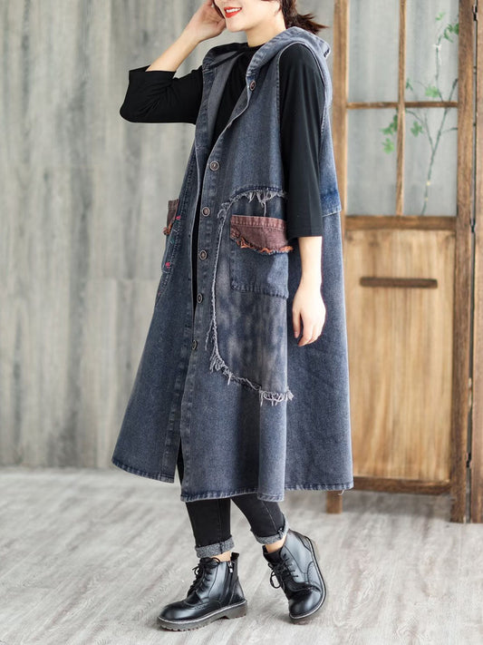 Gilet en jean à capuche avec poche boutonnée et patchwork vintage pour femmes
