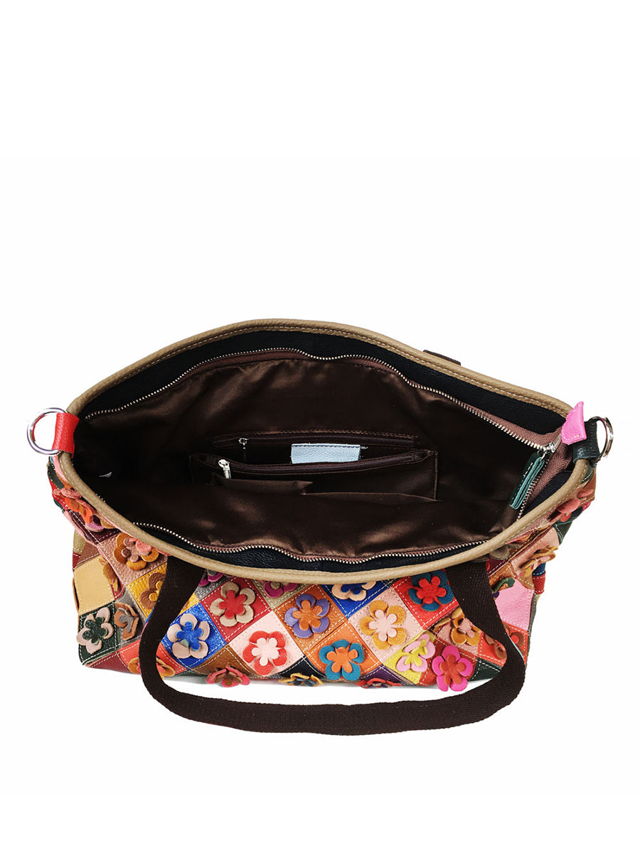 Fashion Leather 3D Flower Spliced Multicolor Shoulder Bag Handbag