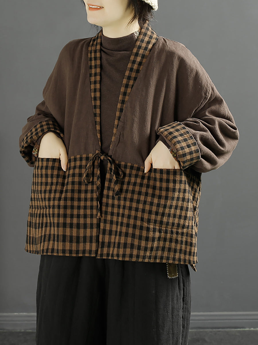 Women Winter Vintage Plaid Spliced Drawstring Padded Coat