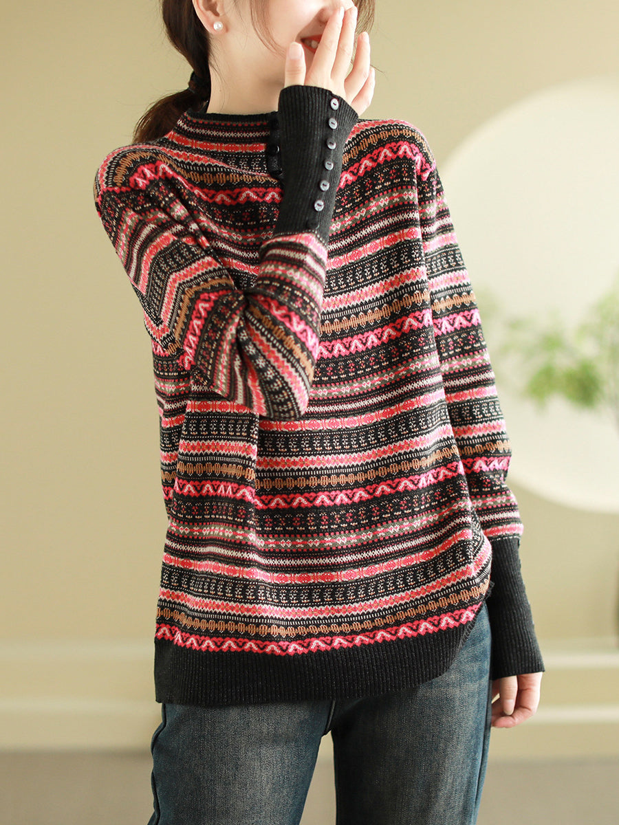 Women Vintage Flower Knitted Half Turtleneck Sweater
