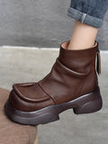 Women Retro Pure Leather Square-Toe Platform Boots