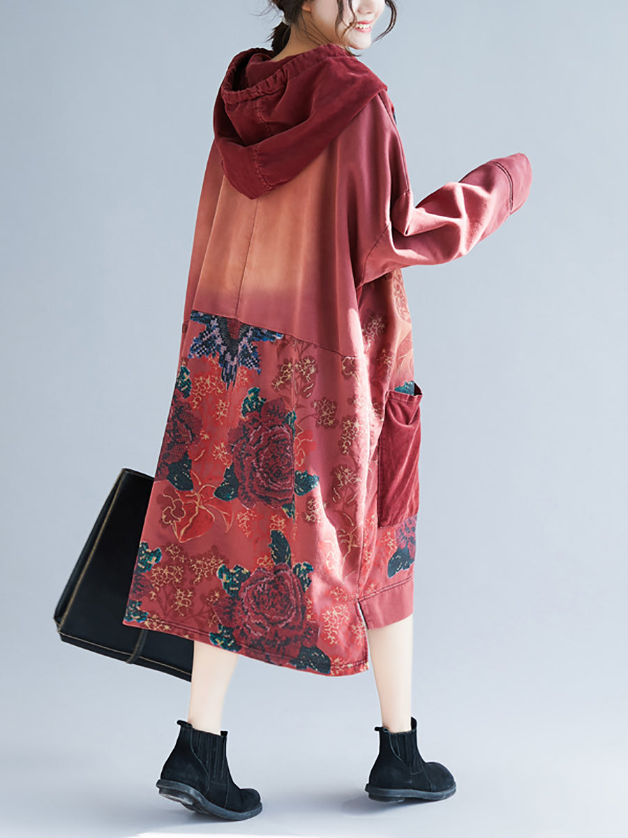 Women Spring Vintage Flower Spliced Hooded Dress