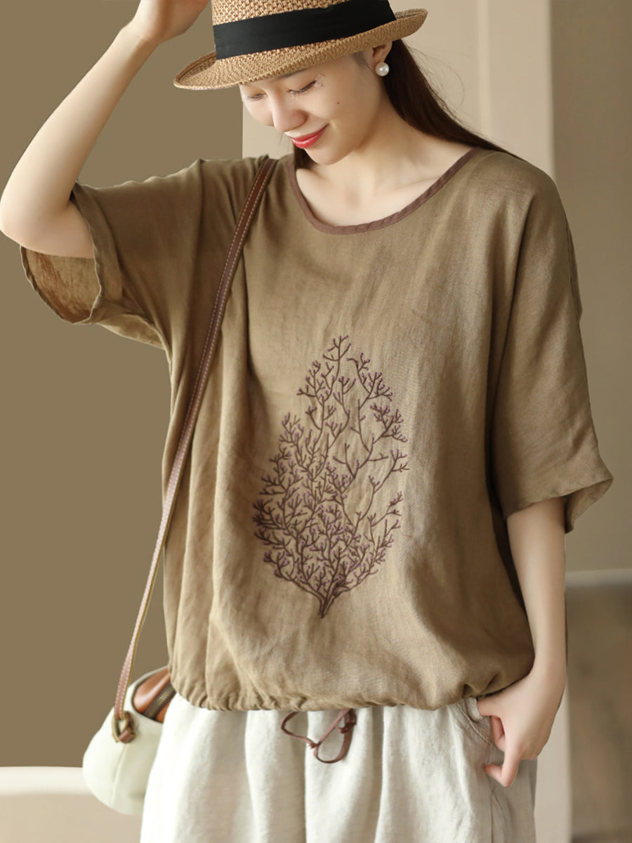 Women Summer Vintage Tree Embroidery Linen Shirt