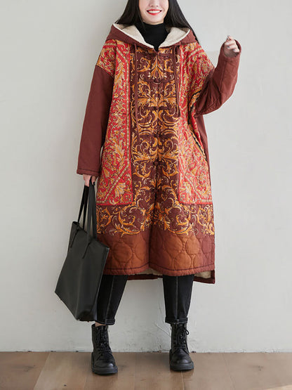 Women Ethnic Print Fleece-lined Hooded Long Coat