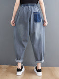 Women Summer Casual Stripe Spliced Pocket Harem Denim Pants