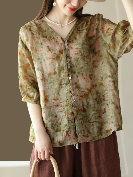 Chemise ample en lin avec boutons tie-dye vintage pour femmes