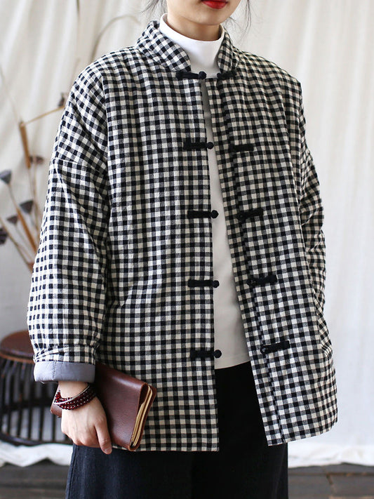 Women Vintage Winter Plaid Cotton Padded Coat