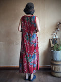 Women Ethnic Flower Slant Closure Split Hem Vest Dress