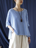 Women Summer Casual Stripe Loose O-Neck Cotton Shirt