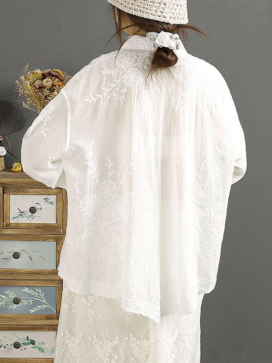Women Artsy Spring Embroidery Loose Cotton Shirt