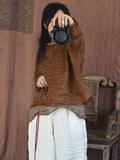 Women Retro Spring Solid Stitching Loose Shirt