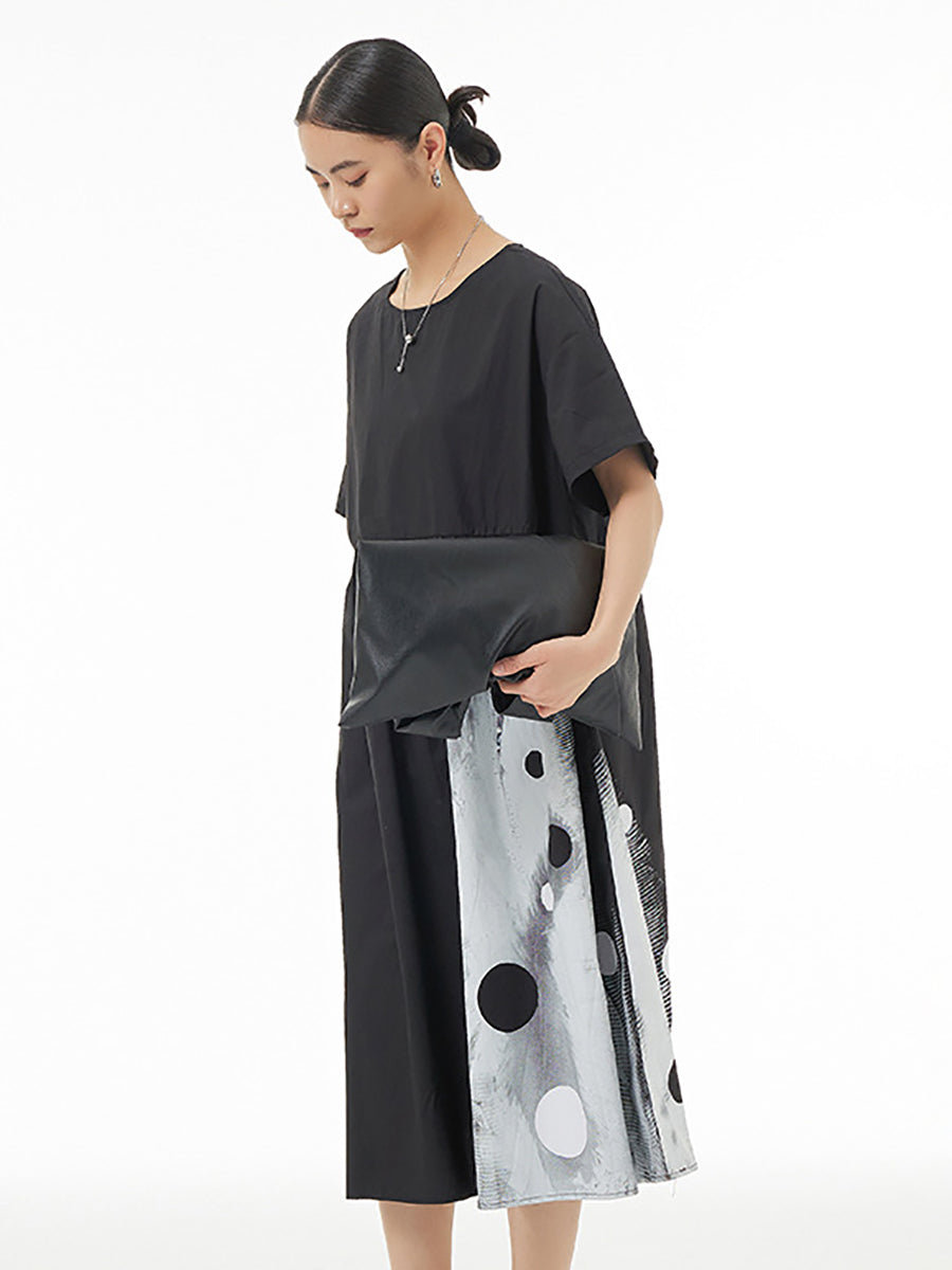 Women Summer Casual Colorblock Dot Pleat Loose Dress