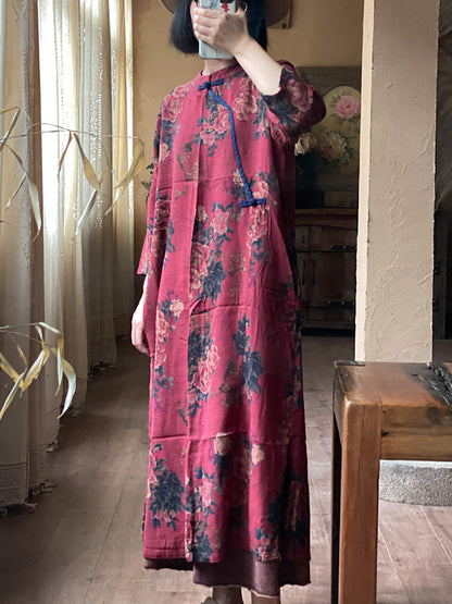 Women Ethnic Floral Print Irregelar Closure Robe Dress
