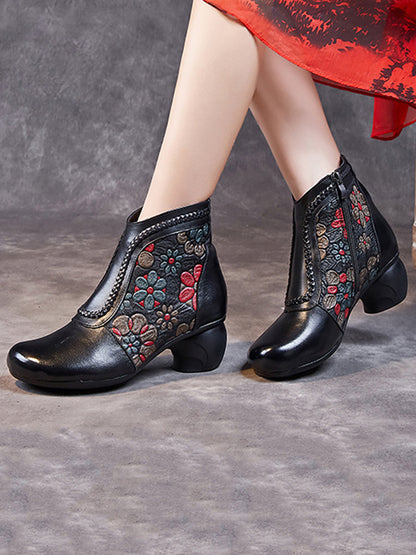 Women Vintage Leather Flower Jacquard Ankle Boots