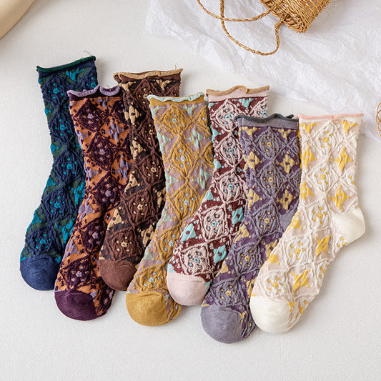 7 paires de chaussettes jacquard à ourlets vintage pour femmes, printemps