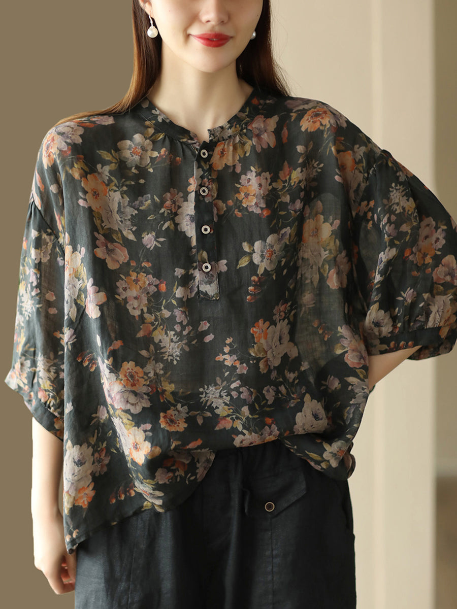 Women Summer Artsy Floral Button Ramie Shirt