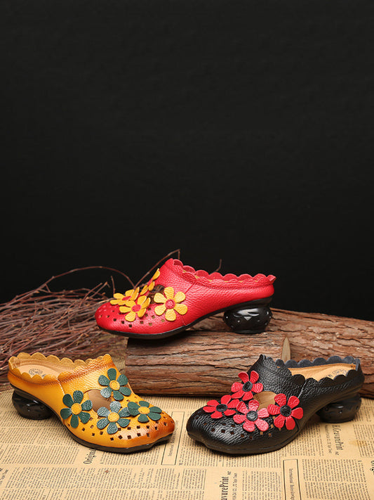 Women Summer Leather Vintage Flower Spliced Slippers