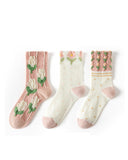 3 Pairs Women Spring Flower Jacquard Long Socks