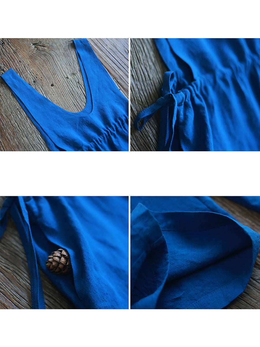 Women Summer Solid Drawstring Pocket V-Neck Linen Jumpsuits