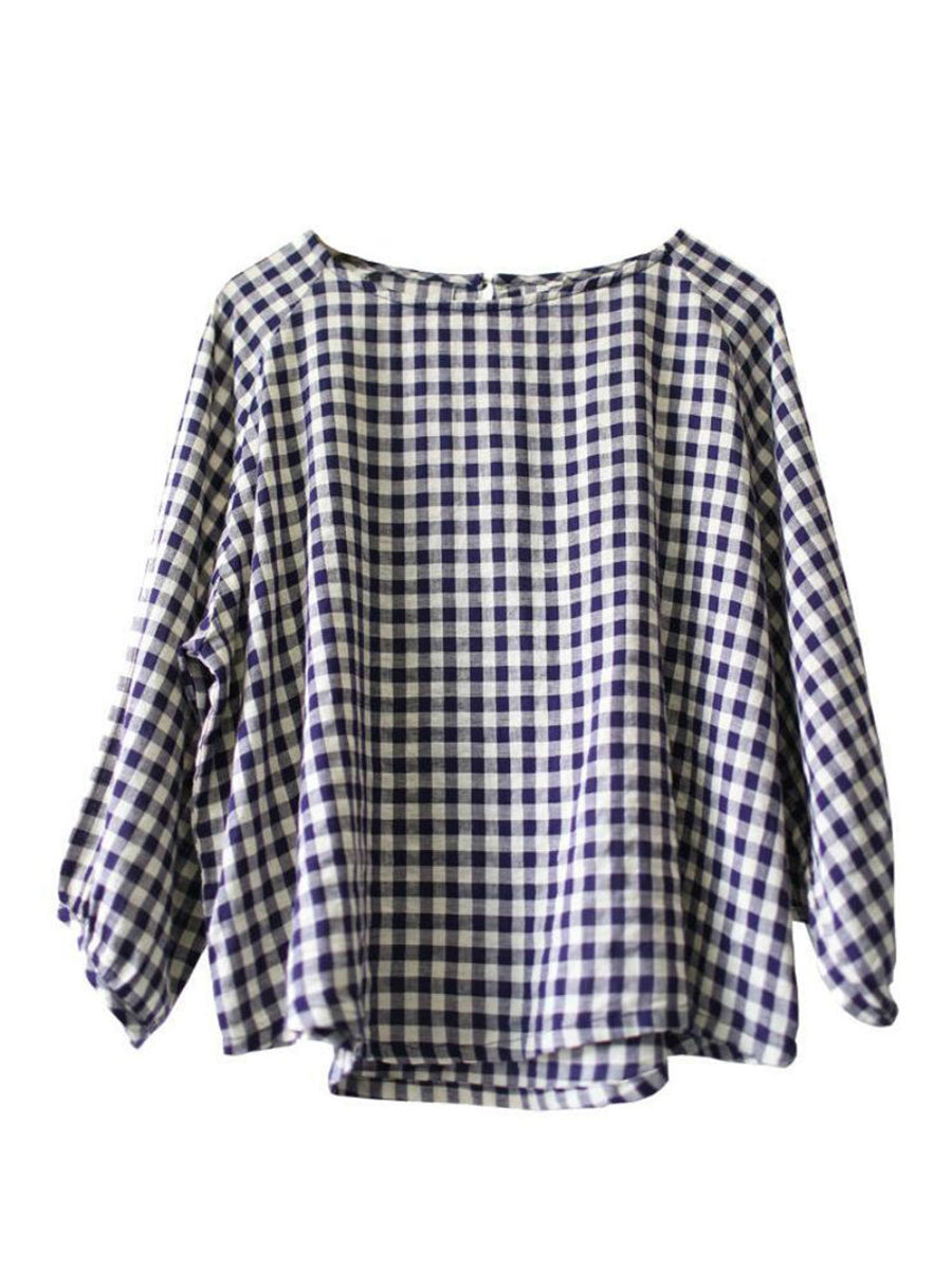 Women Summer Vintage Plaid Loose Pullover Linen Shirt