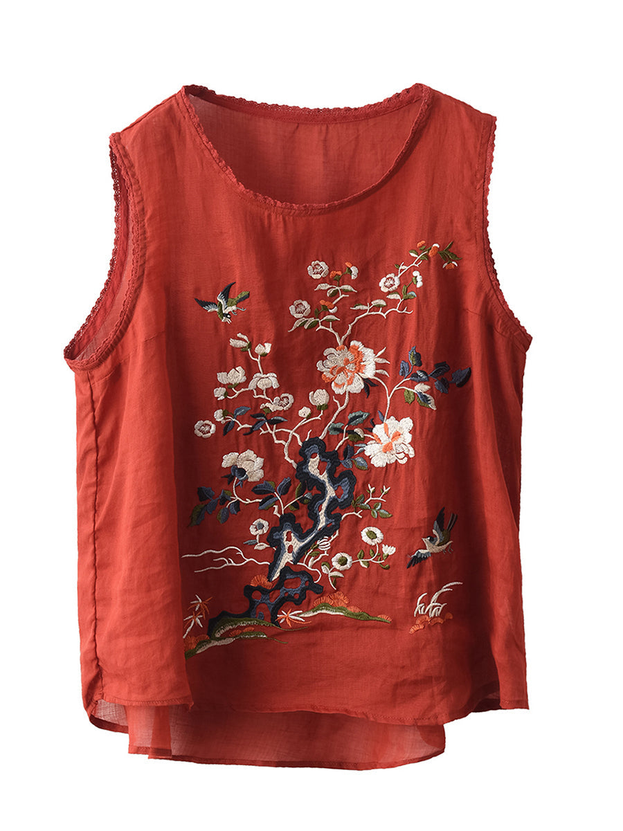 Women Vintage Flower Embroidery Lace Ramie Vest Shirt
