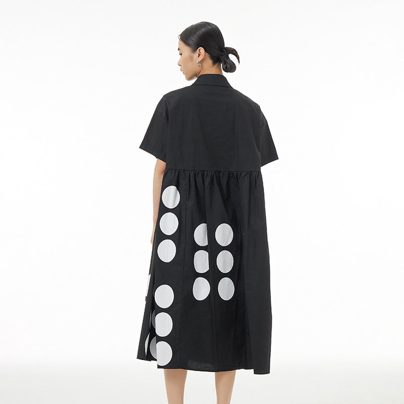 Women Summer Casual Dot Button Pleat Loose Cotton Dress