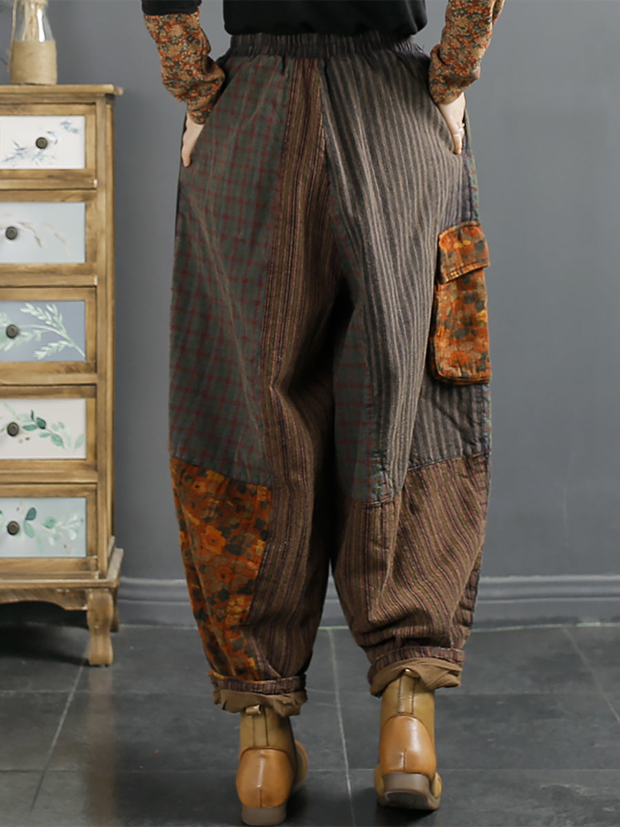 Pantalon sarouel épissé avec patch rétro pour femme, hiver