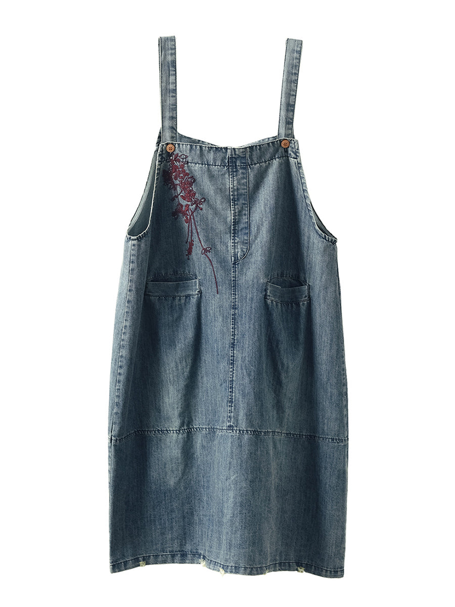 Women Casual Embroidert Pocket Stitching Denim Vest Dress