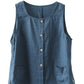 Women Summer Solid Loose Button Pocket 100%Linen Vest