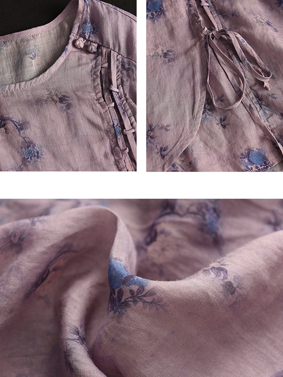 Women Summer Vintage Print Drawstring O-Neck Linen Shirt