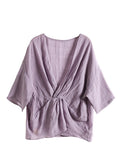 Women Summer Solid Pleat Stitching V-Neck Pullover Shirt
