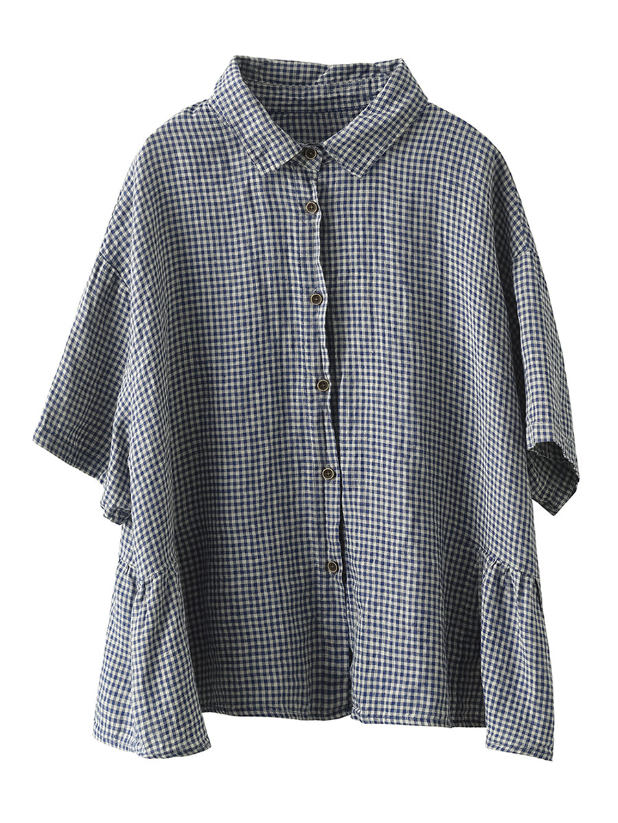 Women Summer Casual Plaid Button Cardigan Linen Shirt