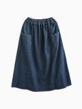 Women Artsy Solid Spliced Pocket Loose Denim Skirt