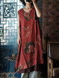 Women Summer Vintage Flower Drawstring Vest Cotton Dress